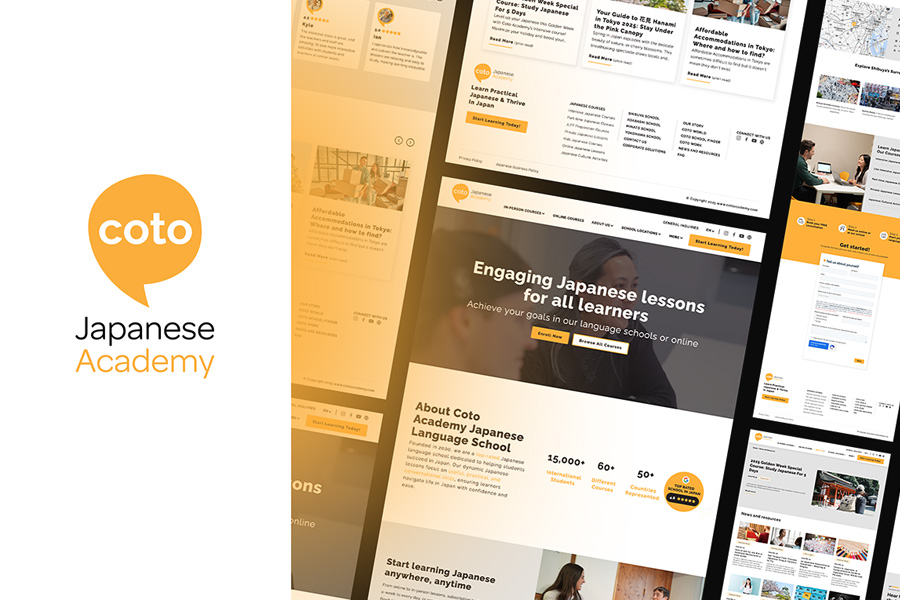 Screenshots showing the redesigned Coto Japanese Academy homepage on desktop and mobile.