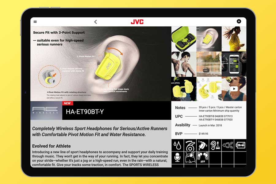 Screenshot of JVC product app interface on tablet