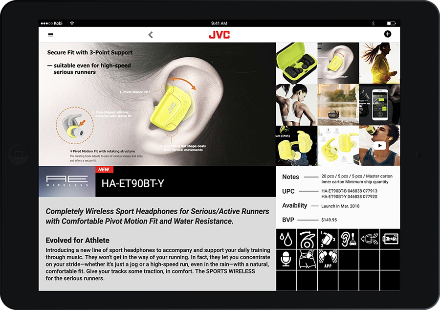 UI mockup showing embedded YouTube video in product detail view